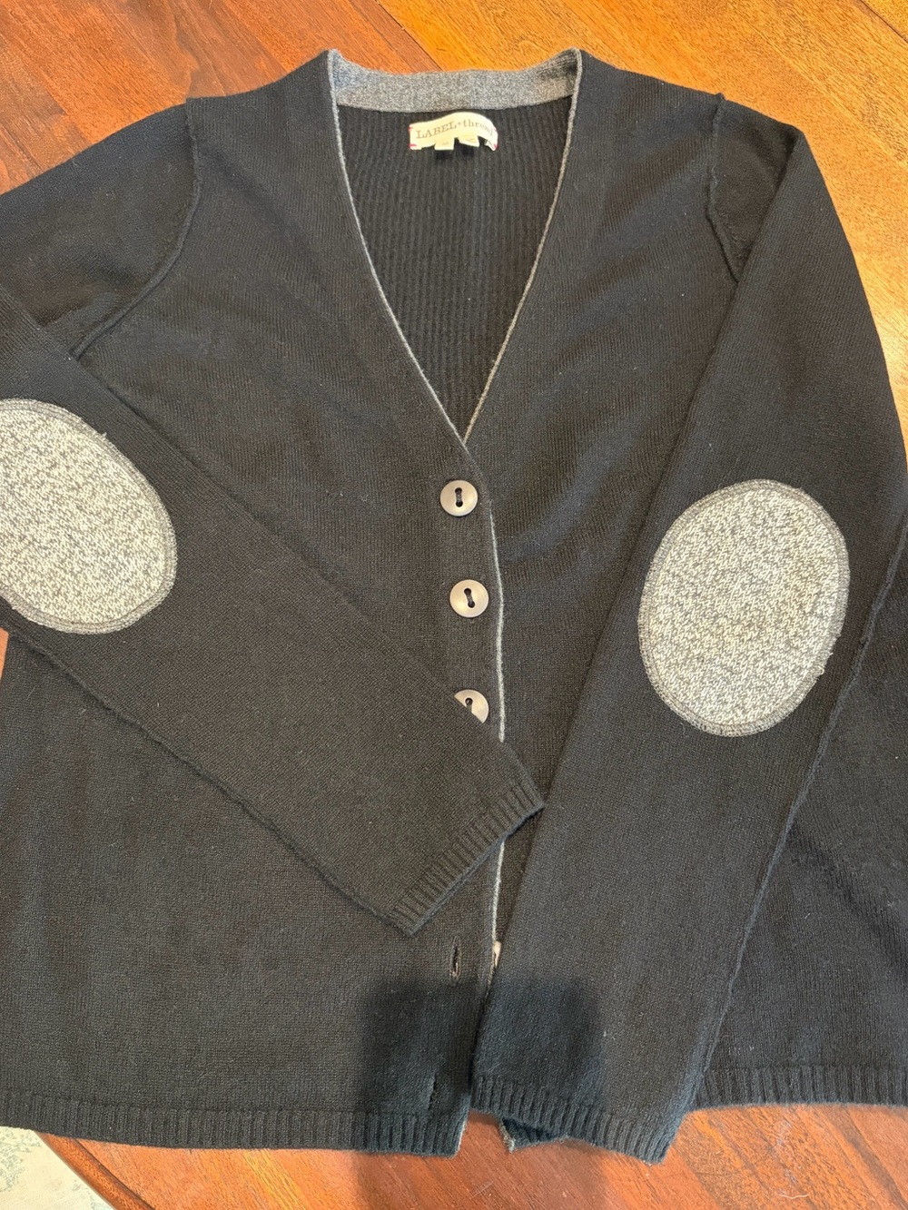 Label and Thread Black Cashmere Cardigan with Gray Elbow Patches